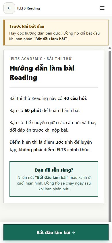 Màn hình hướng dẫn trước khi bắt đầu thi thử IELTS Reading trên điện thoại