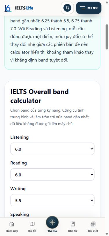 Công cụ IELTS Band Score Calculator nhập điểm bốn kỹ năng trên điện thoại