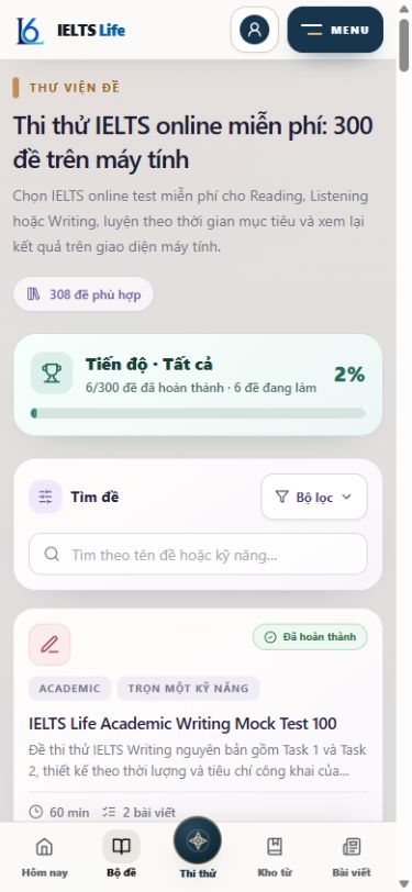 Giao diện thư viện thi thử IELTS online trên điện thoại tại IELTS Life