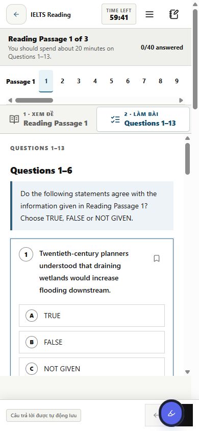 Giao diện trả lời câu hỏi TRUE FALSE NOT GIVEN khi thi thử IELTS Reading trên điện thoại